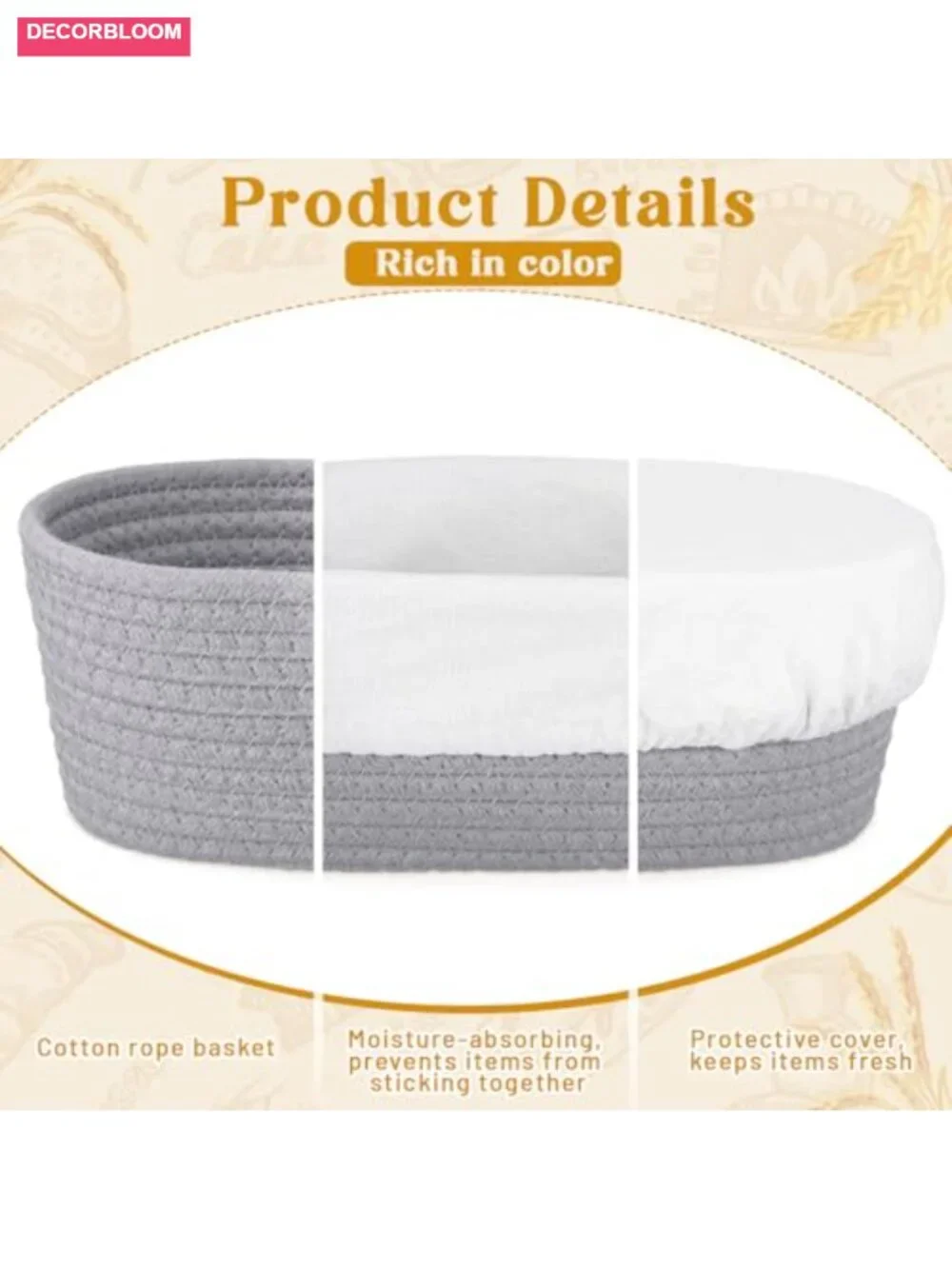 4 Pcs 10 Inch Bread Proofing Basket Set Oval Banneton Cotton Rope with Liners